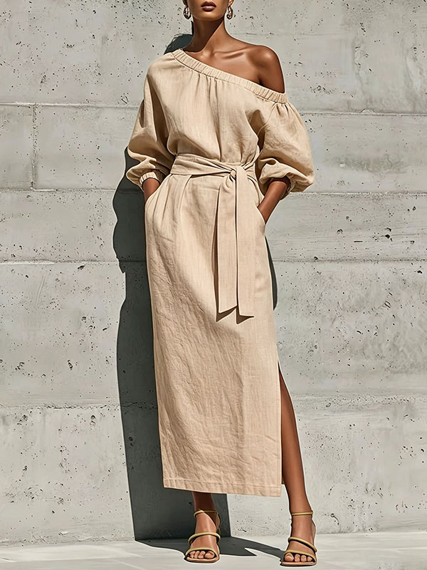 Boat-Neck Tied Slit Dress