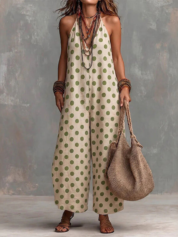 Dot V-Neck Halter Jumpsuit