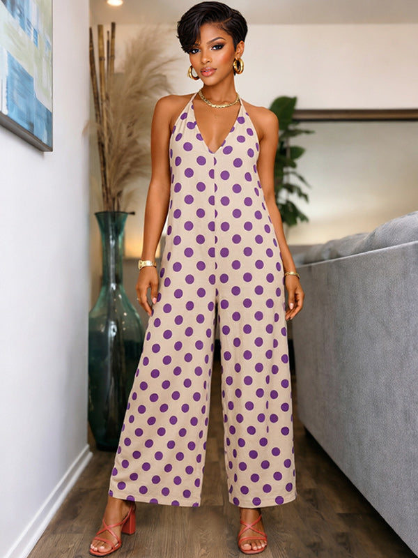 Dot V-Neck Halter Jumpsuit