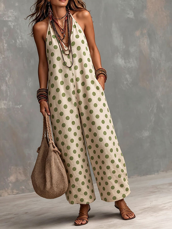 Dot V-Neck Halter Jumpsuit