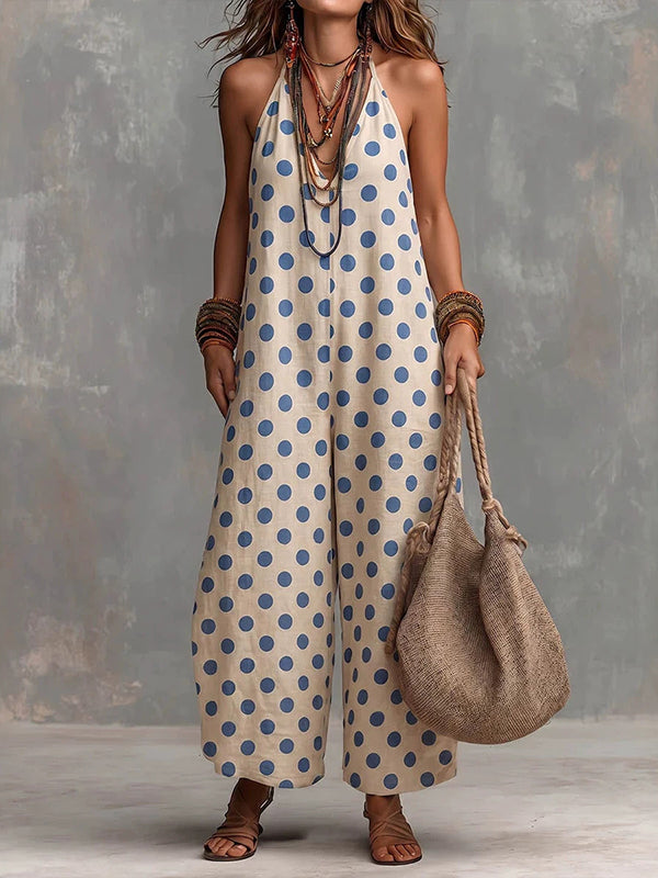 Dot V-Neck Halter Jumpsuit