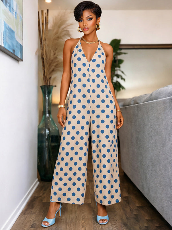 Dot V-Neck Halter Jumpsuit