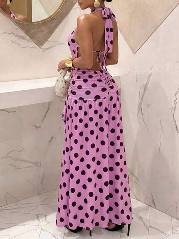 Dot Cowl-Neck Halter Dress