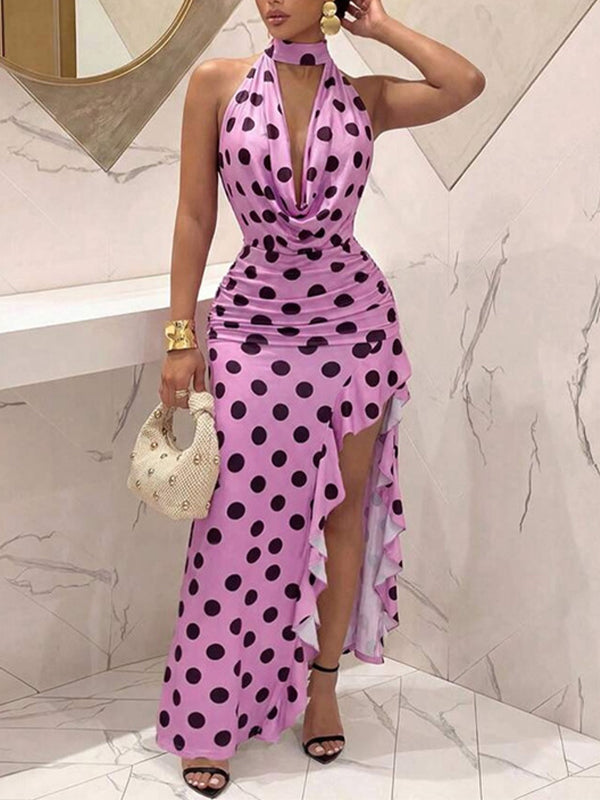 Dot Cowl-Neck Halter Dress