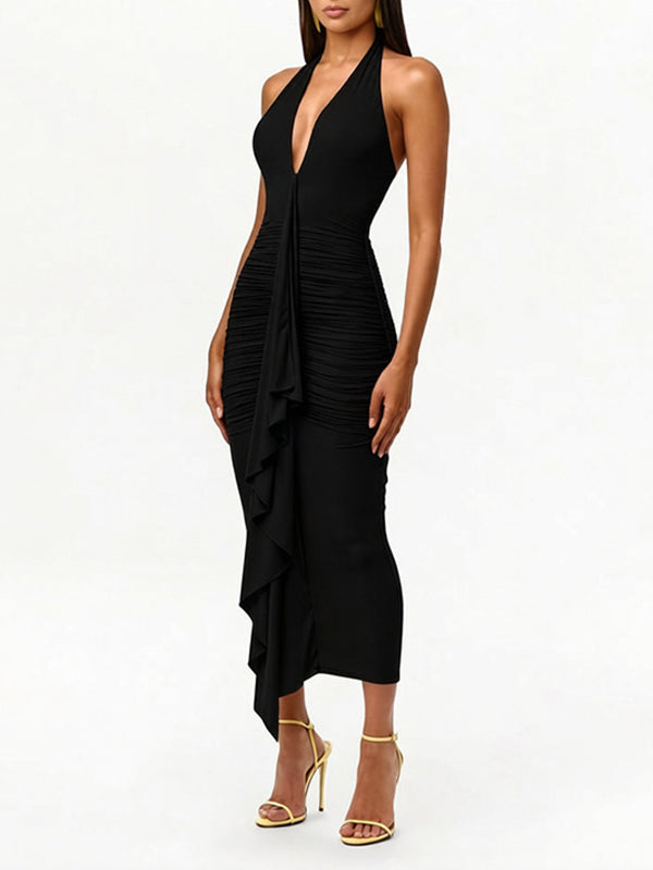 Ruffle Ruched Halter Dress