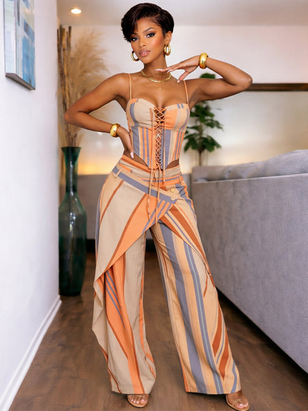 Stripe Lace-Up Cami Top & Pants Set