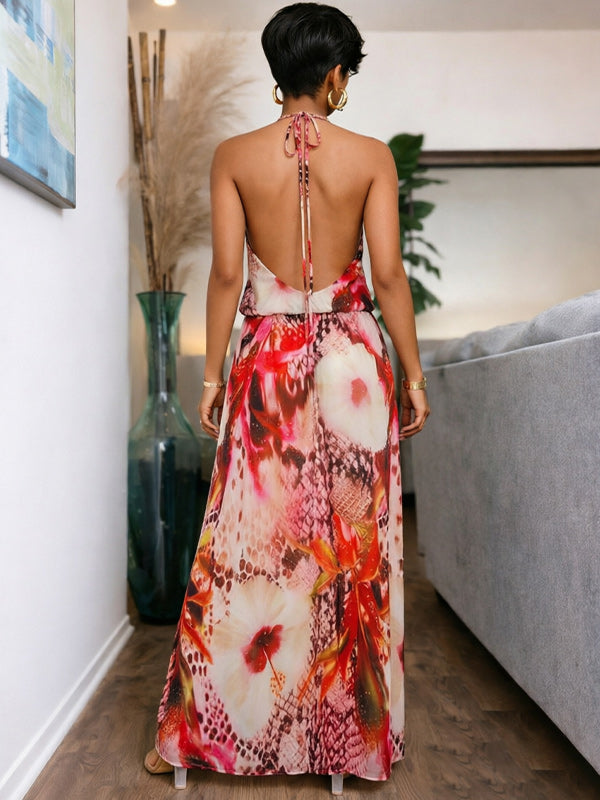 Printed Halter Slit Dress