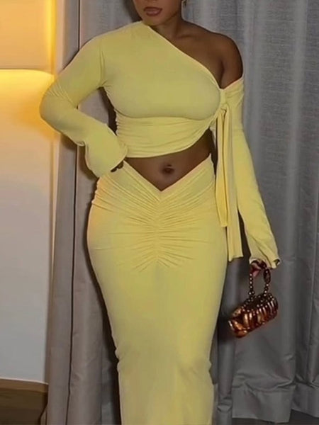 Solid Boat-Neck Top & Ruched Skirt Set