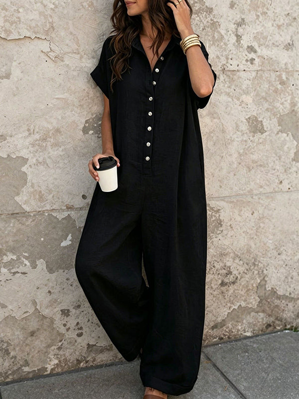 Button-Front Wide-Leg Jumpsuits