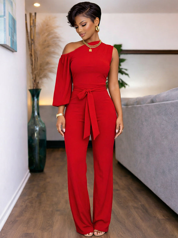 Solid Boat-Neck Tied Jumpsuit