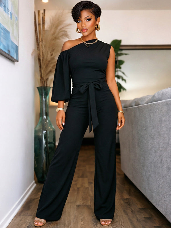 Solid Boat-Neck Tied Jumpsuit