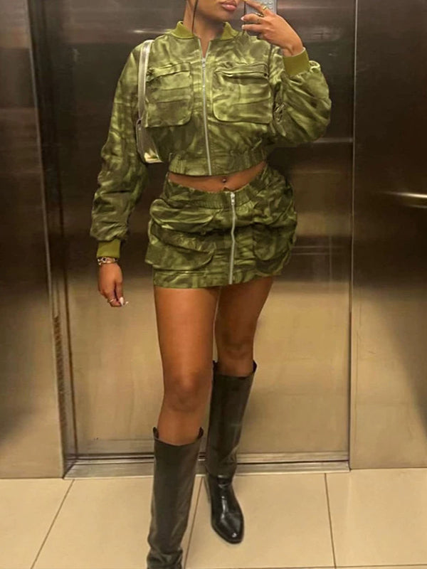 Zip-Front Cargo Jacket & Skirt Set