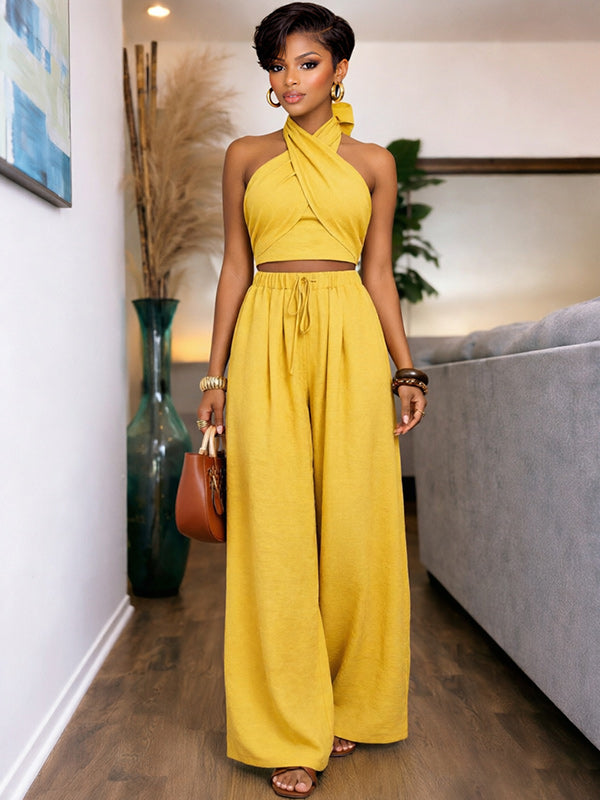Solid Halter Top & Wide-Leg Pants Set