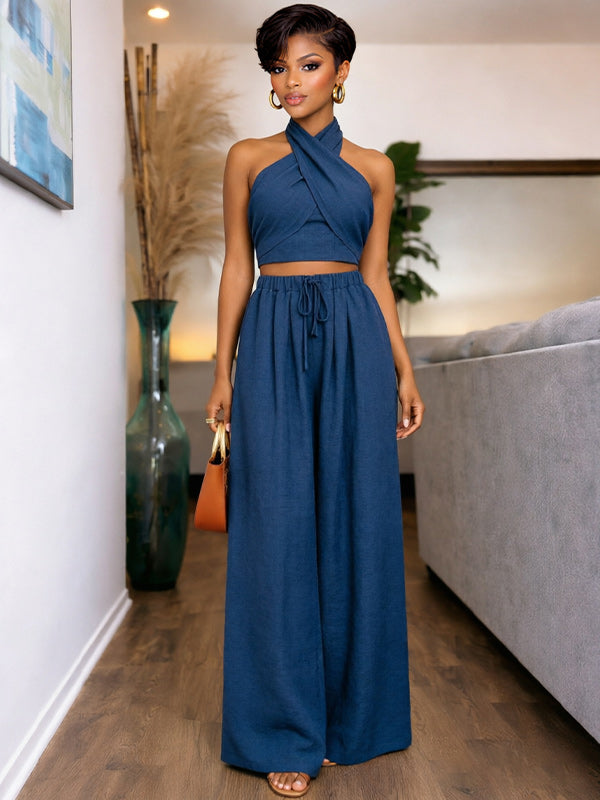 Solid Halter Top & Wide-Leg Pants Set