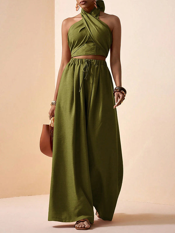 Solid Halter Top & Wide-Leg Pants Set