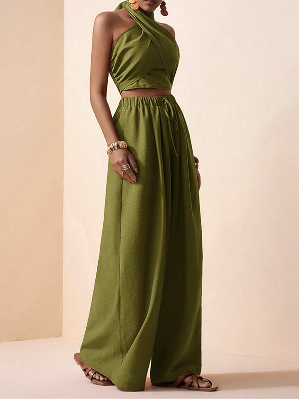 Solid Halter Top & Wide-Leg Pants Set