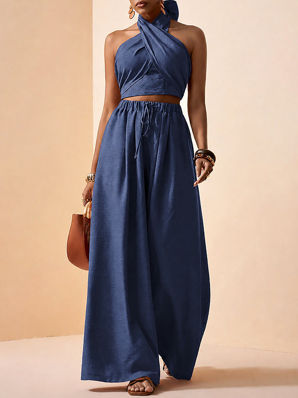 Solid Halter Top & Wide-Leg Pants Set