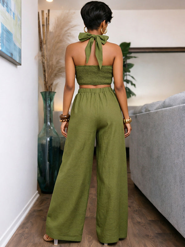 Solid Halter Top & Wide-Leg Pants Set