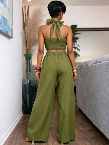 Solid Halter Top & Wide-Leg Pants Set