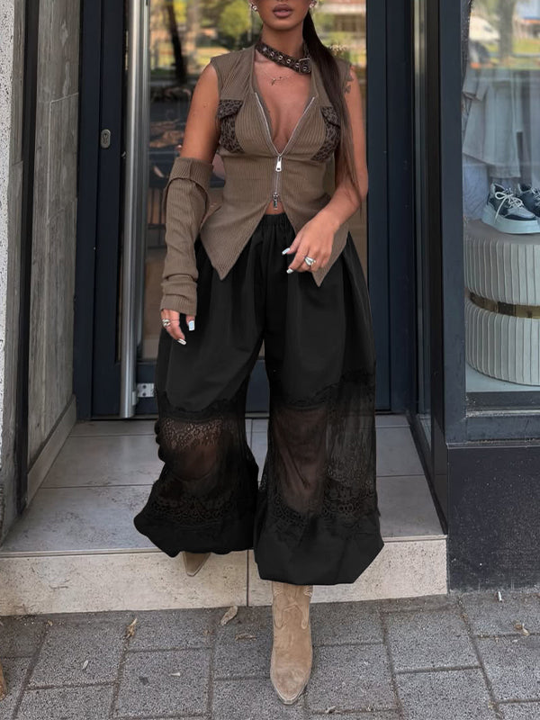 Lace-Combo Wide-Leg Pants