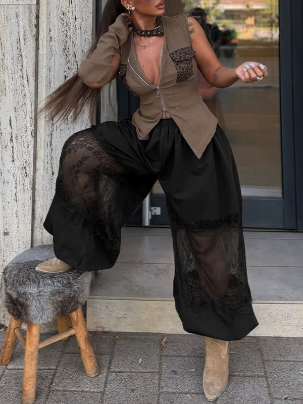 Lace-Combo Wide-Leg Pants