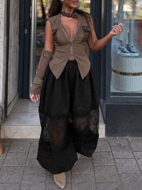 Lace-Combo Wide-Leg Pants