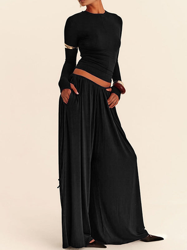 Solid Tee & Drawstring Wide-Leg Pants Set