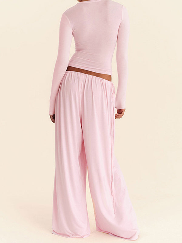 Solid Tee & Drawstring Wide-Leg Pants Set