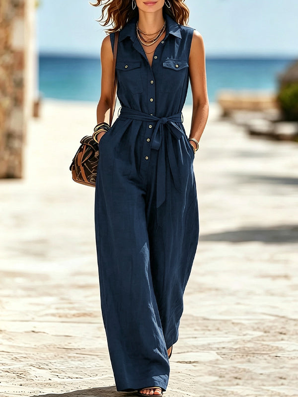Button-Front Sleeveless Tied Jumpsuit