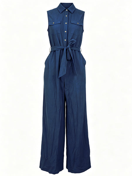 Button-Front Sleeveless Tied Jumpsuit