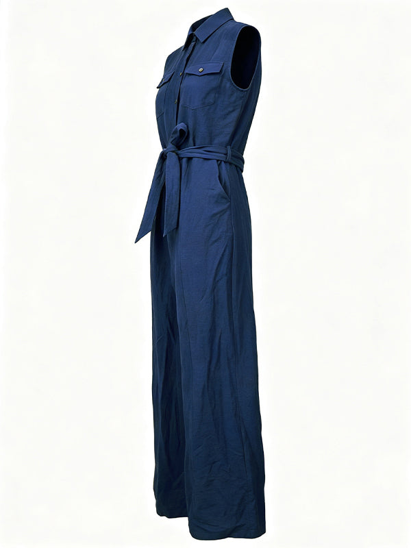 Button-Front Sleeveless Tied Jumpsuit