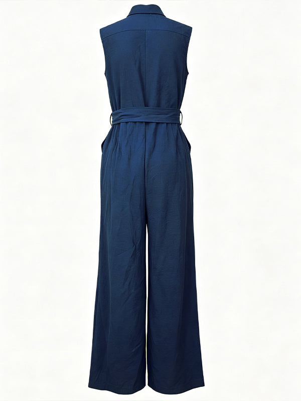 Button-Front Sleeveless Tied Jumpsuit