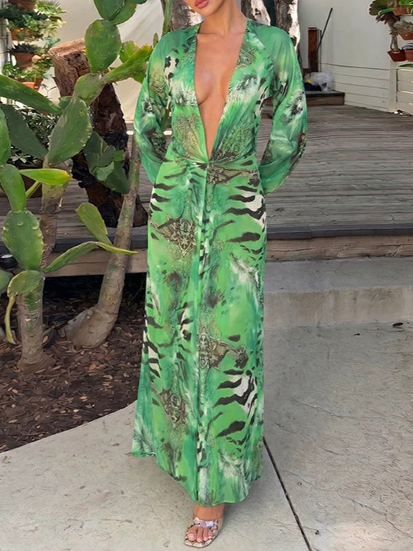 Printed V-Neck Maxi Dress