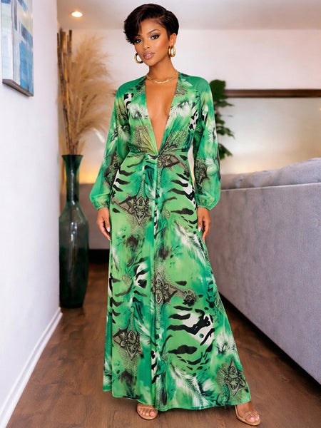 Printed V-Neck Maxi Dress