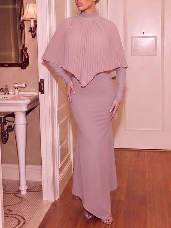 Mock-Neck Dress with Pleated Cape