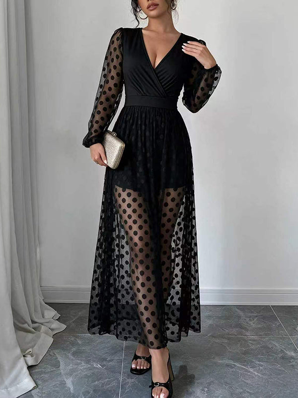 Dot V-Neck Sheer Dress