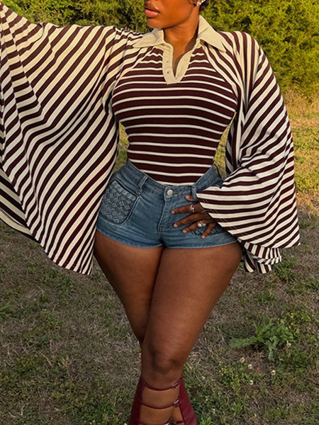 Stripe Bell-Sleeve Polo Top
