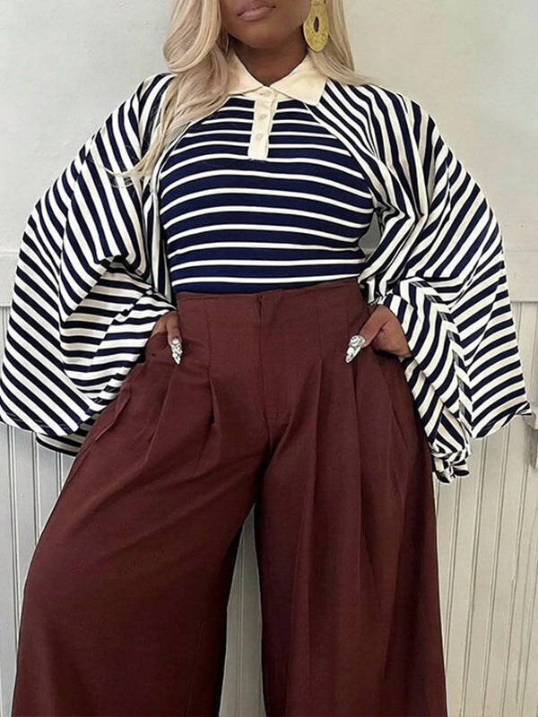 Stripe Bell-Sleeve Polo Top