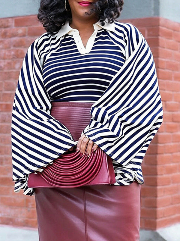 Stripe Bell-Sleeve Polo Top