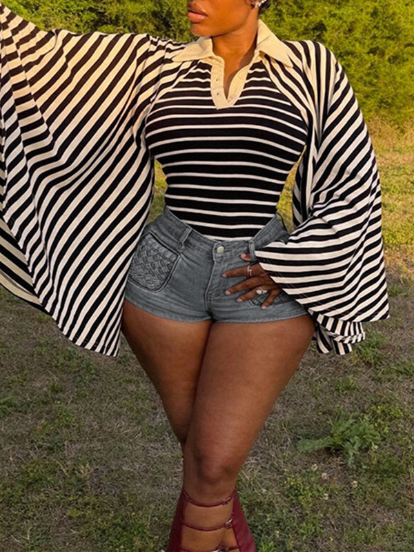 Stripe Bell-Sleeve Polo Top