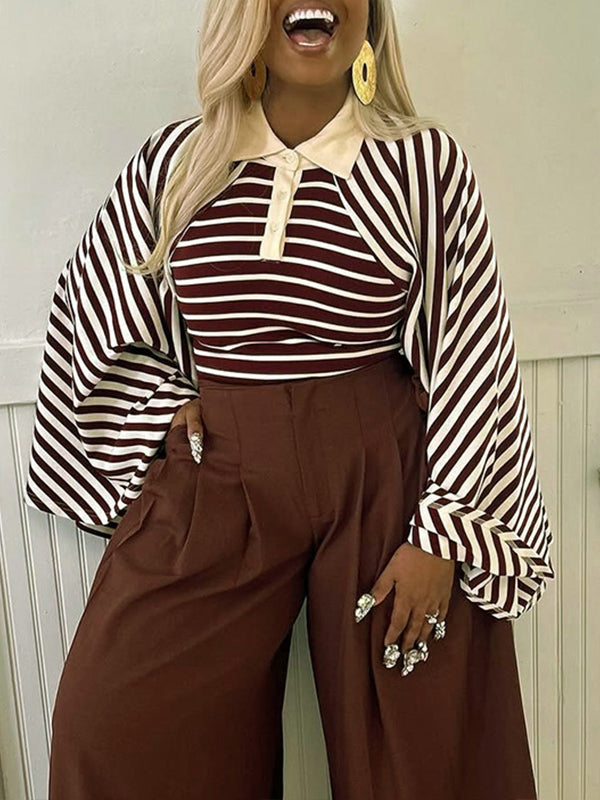 Stripe Bell-Sleeve Polo Top