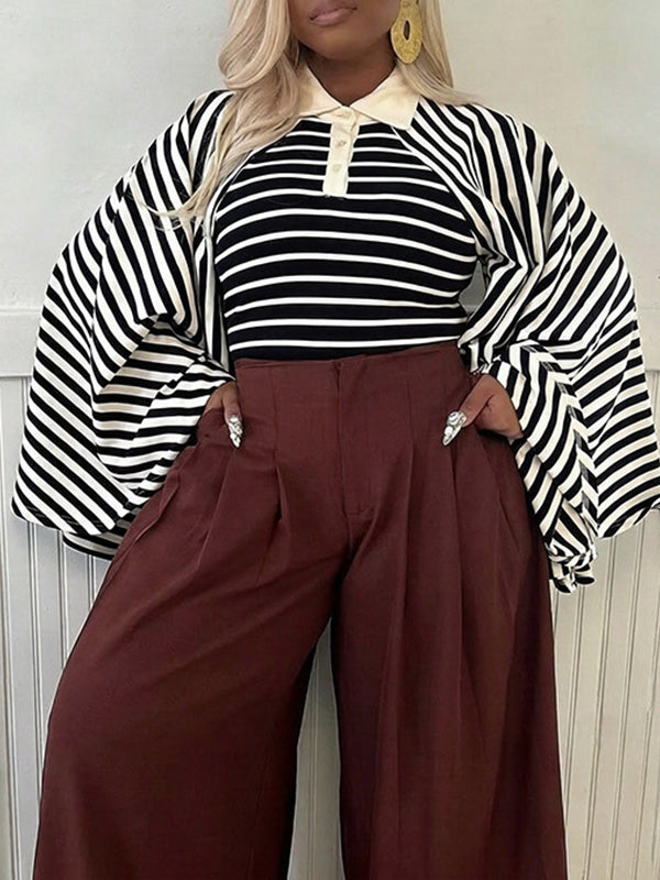 Stripe Bell-Sleeve Polo Top