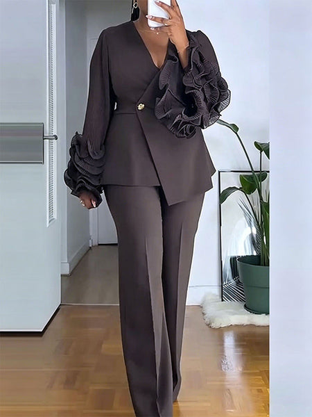 Ruffle-Sleeve Blazer & Pants Set