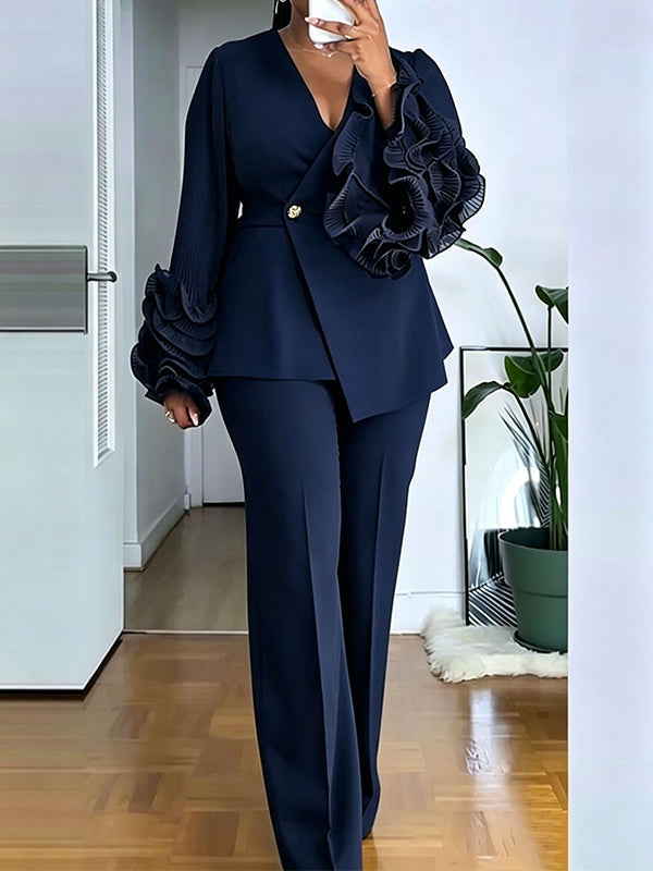 Ruffle-Sleeve Blazer & Pants Set