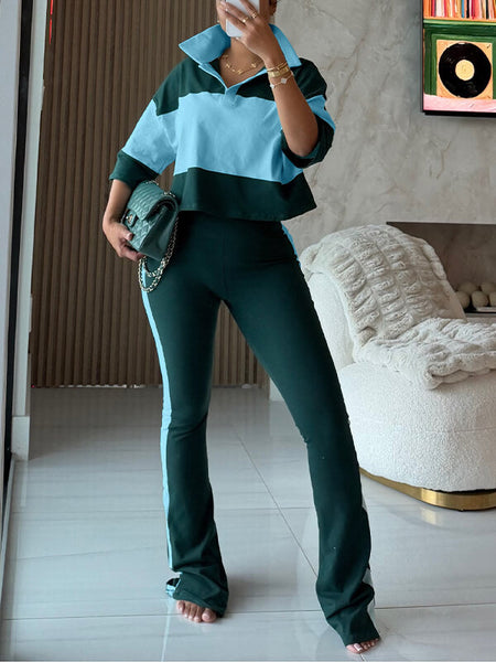 Two-Tone Polo Top & Pants Set