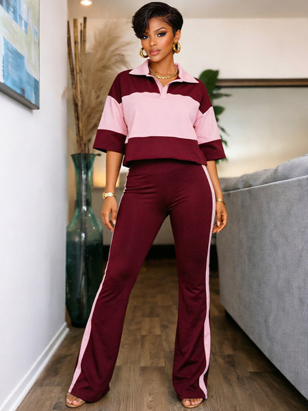Two-Tone Polo Top & Pants Set