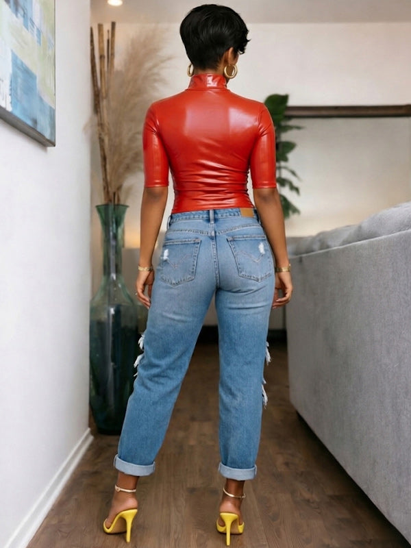 Letter-Print Faux-Leather Top