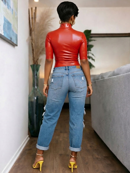 Letter-Print Faux-Leather Top