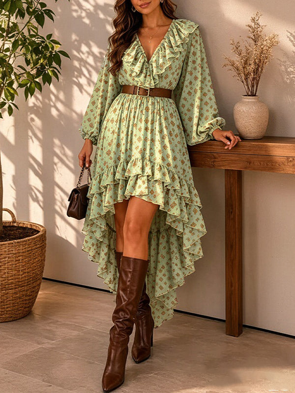 Printed V-Neck Ruffle Dress