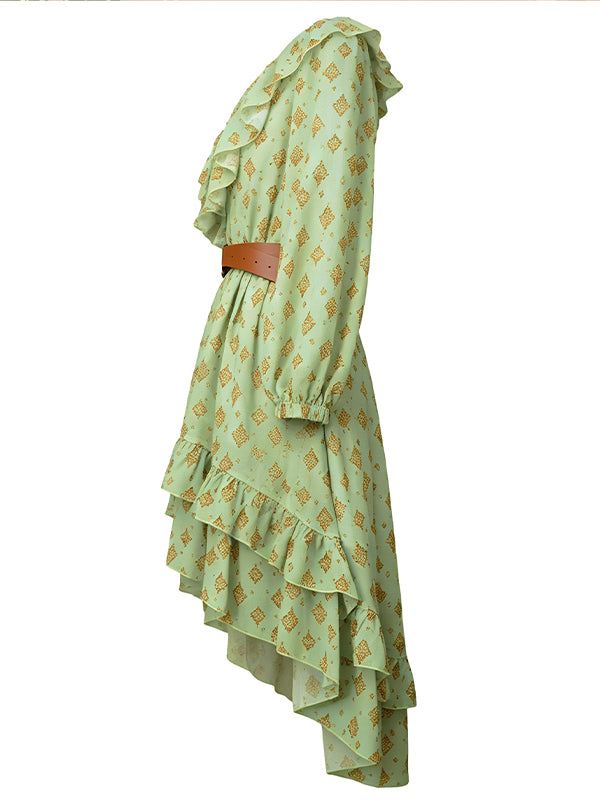 Printed V-Neck Ruffle Dress